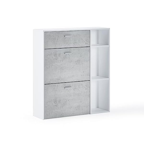 Skraut Home - Scarpiera - 102 x 90 x 26 cm - capacità per 12 Paia di Scarpe - 2 Ante a Battente 1 cassetto - Modello Wind - Finitura Bianco/Cemento